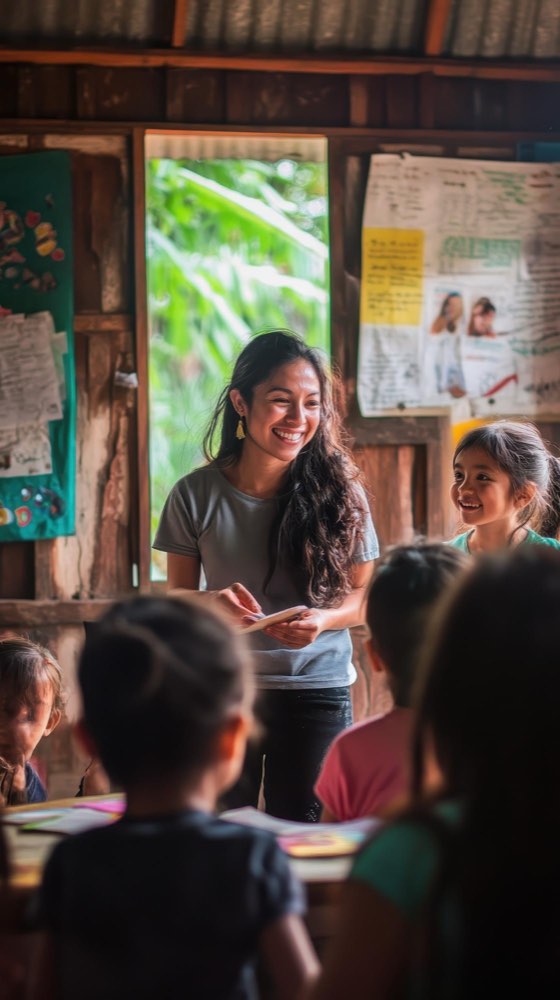 Docente sonriendo con sus estudiantes en el aula