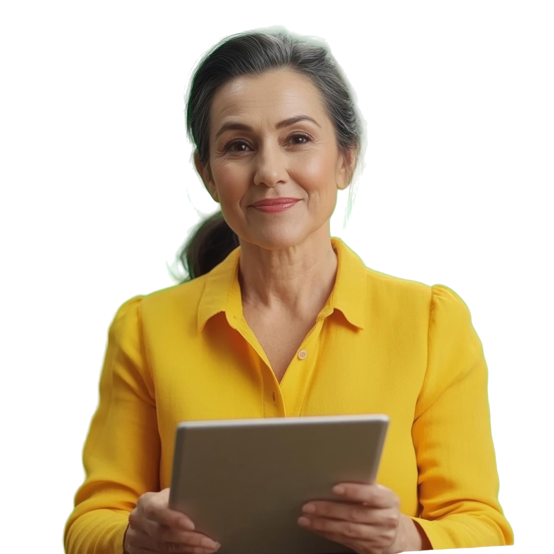 Docente peruana sonriendo con su tablet